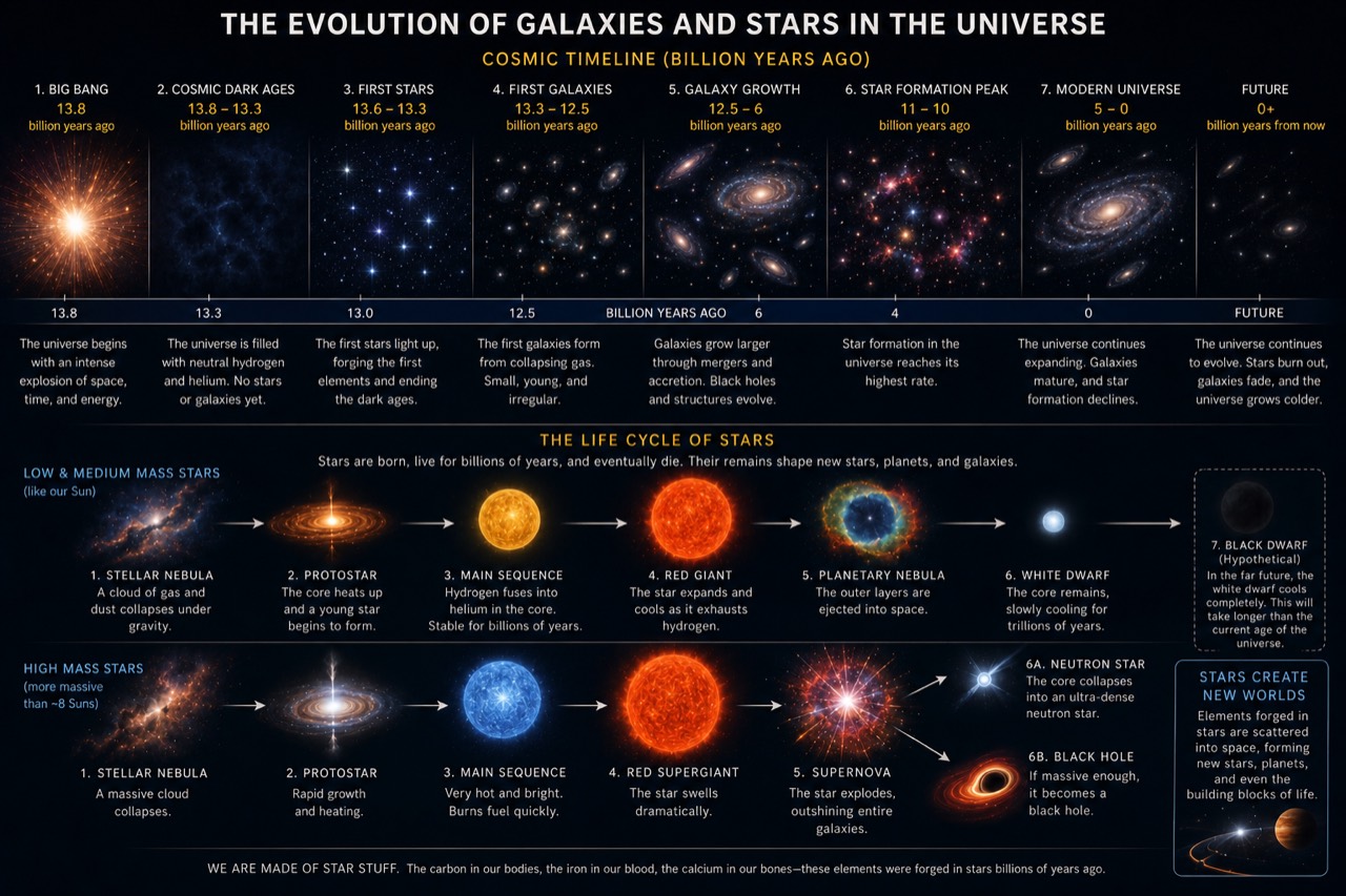 Cosmic timeline and stellar life cycles infographic preview.