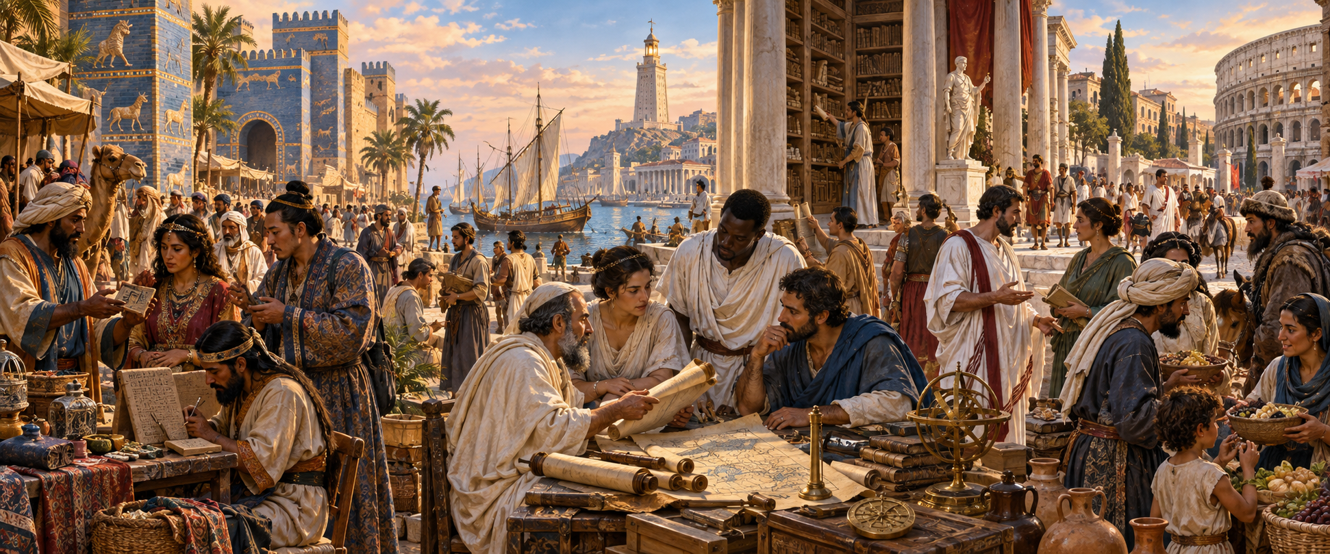 Multicultural exchange across ancient Babylon, Alexandria, and Rome.