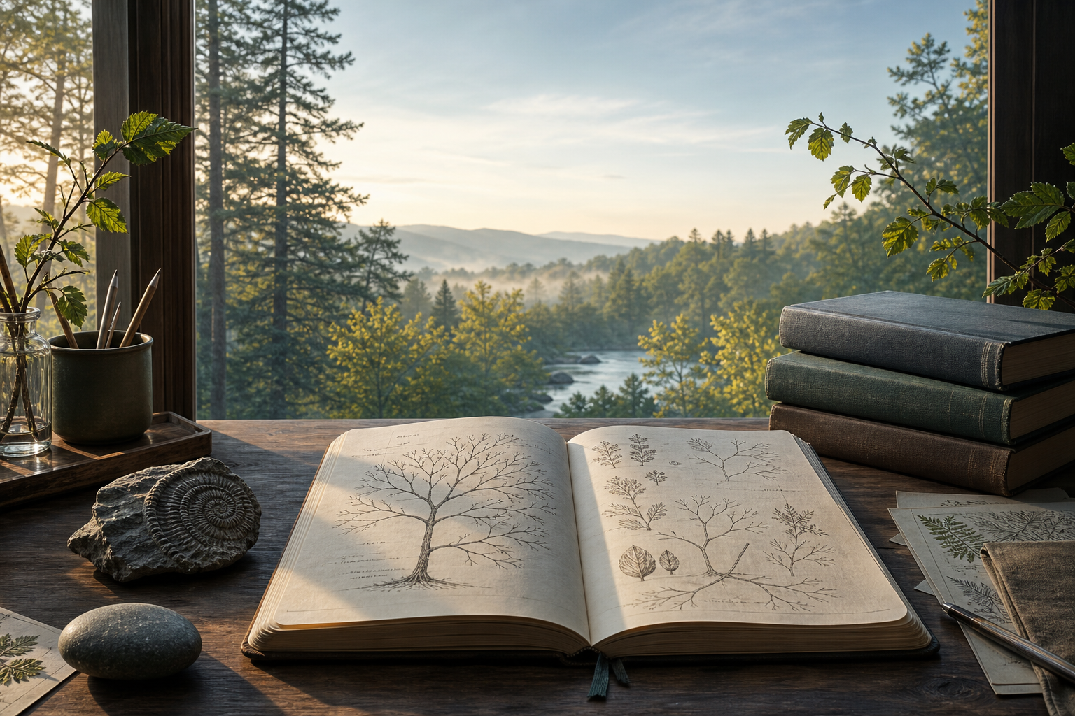An illustrated study table with a notebook, fossil, philosophy books, and a forest beyond the window.